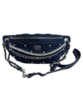 Badgley Mischka Navy Blue Denim Pearl Chain Quilted Belt Bag NWOT Chic